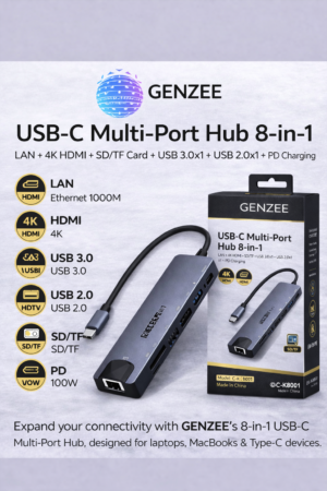 GENZEE USB-C Multi-Port Hub 8-in-1 – 4K HDMI, LAN Ethernet 1000Mbps, USB 3.0 & 2.0, SD/TF Card Reader, PD 100W Fast Charging for Laptop & MacBook