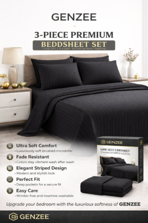 GENZEE Elegant Striped Bedsheet Set – Ultra Soft Premium Microfiber Bedding Set, Fade Resistant Luxury Bed Linen for Double Bed (Black)