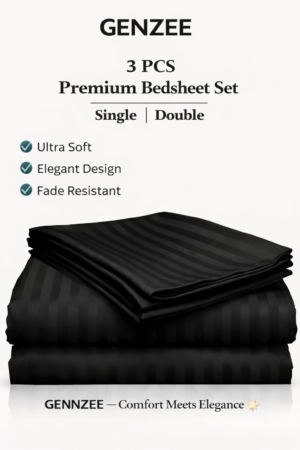 GENZEE 3-Piece Premium Bedsheet Set – Ultra Soft Fade Resistant Bedding Set with Elegant Striped Design for Single & Double Bed (Black)