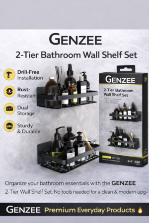 GENZEE 2-Tier Bathroom Wall Shelf Set – Drill-Free Adhesive Storage Rack, Rust-Resistant Organizer for Kitchen & Bathroom (Black)